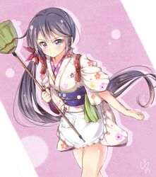  akebono_(kancolle) akebono_(new_year_mode)_(kancolle) apron bell blush broom commentary_request female floral_print flower hair_bell hair_flower hair_ornament japanese_clothes jiino jingle_bell kantai_collection kimono long_hair maid official_alternate_costume purple_eyes purple_hair short_kimono side_ponytail smile solo tasuki very_long_hair wa_maid 