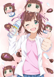  2girls amami_haruka bottle brown_hair chibi chibi_on_head commentary_request drooling green_eyes hair_ribbon haruka-san hitotsuki_nanoka idolmaster idolmaster_(classic) looking_at_viewer multiple_girls on_head one_eye_closed open_mouth product_placement puchimasu! ribbon short_hair thumbs_up water water_bottle 