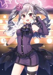  angel_wings bare_shoulders blush commentary_request dress drill_hair elbow_gloves female fingerless_gloves flower gloves grey_hair hair_flower hair_ornament hair_ribbon idolmaster idolmaster_cinderella_girls kanzaki_ranko long_hair looking_at_viewer masuishi_kinoto nail_polish open_mouth red_eyes ribbon rosenburg_engel_(idolmaster) single_glove smile solo thigh_strap twin_drills twintails wings wristband 