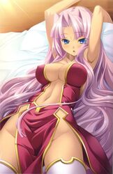  armpits arms_up bed blue_eyes blush breasts center_opening cleavage dark-skinned_female dark_skin dress female hikage_eiji koihime_musou large_breasts long_hair lying navel no_panties official_art on_back pillow pink_hair revealing_clothes solo sonken thighhighs very_long_hair 