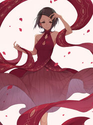  arm_up bad_id bad_pixiv_id black_hair breasts brown_eyes cleavage dress female hukasikasi idolmaster idolmaster_cinderella_girls looking_at_viewer medium_breasts petals pink_background red_ballad_(idolmaster) sash short_hair solo togo_ai 