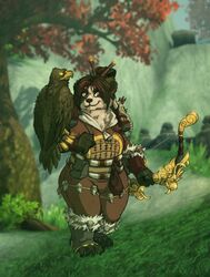  accipitrid accipitriform anthro armor avian beak bear big_breasts bird blizzard_entertainment bow_(weapon) breasts claws clothed clothing curvy_figure day detailed_background digital_media_(artwork) duo feathers female feral forest fur hair hi_res holding_object holding_weapon howlite looking_at_viewer mammal outside pandaren plant ranged_weapon size_difference smile standing tree voluptuous warcraft weapon wings 