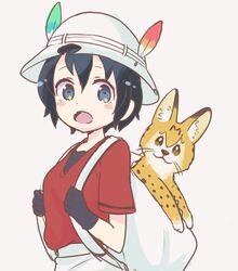  animal animalization backpack bag black_hair blue_eyes blush commentary_request feathers female hat helmet holding_strap in_container kaban_(kemono_friends) kemono_friends kuzumochiko pith_helmet serval serval_(kemono_friends) shirt short_hair short_sleeves t-shirt 