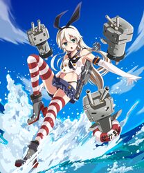  black_panties blonde_hair blue_eyes cloud commentary_request day elbow_gloves female full_body gloves highres innertube ivuki kantai_collection long_hair looking_at_viewer midriff navel ocean panties rensouhou-chan school_uniform serafuku shimakaze_(kancolle) sky solo striped_clothes striped_thighhighs swim_ring thighhighs underwear 