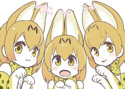  3girls animal_ears bare_shoulders blonde_hair blush bow bowtie commentary_request elbow_gloves gloves kemono_friends kuzumochiko multicolored_hair multiple_girls multiple_persona paw_pose print_bow print_bowtie serval_(kemono_friends) serval_print short_hair tail translated yellow_bow yellow_bowtie yellow_eyes 