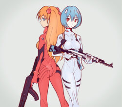  2girls adapted_object ak-47 ass assault_rifle ayanami_rei back-to-back bodysuit counter-strike counter-strike_(series) counter-strike_2 gun gun_decal highres holding holding_gun holding_weapon interface_headset kalashnikov_rifle multiple_girls neon_genesis_evangelion orange_hair pilot_suit plugsuit qosic red_bodysuit rifle souryuu_asuka_langley trigger_discipline weapon white_bodysuit 