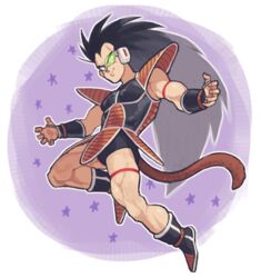  1boy armor black_hair boots commentary_request dragon_ball dragon_ball_z full_body long_hair male_focus monkey_tail muscular nappooz outline raditz saiyan_armor scouter shoulder_armor smile solo star_(symbol) starry_background tail vambraces very_long_hair 