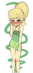  blonde_hair blue_eyes blush cindy_vortex covering covering_crotch embarrassed female green_shirt hand_on_own_face jimmy_neutron knees_touching lolicon no_pants ponytail shirt shirt_pull simple_background solo standing white_background 