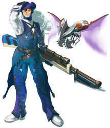  1boy bayonet belt bnahabra_(armor) capcom commentary_request crossover drone dynamo_(mega_man) full_body gloves goggles gun hand_on_headwear hand_on_own_head hat headgear holding holding_weapon hudy8358 insect_wings legs_apart long_hair male_focus mega_man_(series) mega_man_x_(series) monster_hunter_(series) monster_hunter_xx multiple_belts rifle shoes simple_background smile solo standing weapon white_background white_footwear white_hair wings 