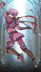  1boy armor armored_boots back boots commentary_request fake_screenshot fire_emblem fire_emblem:_mystery_of_the_emblem fire_emblem_heroes gloves highres lavillardia male_focus open_mouth polearm purple_eyes purple_hair roshea_(fire_emblem) solo spear teeth torn_clothes weapon 