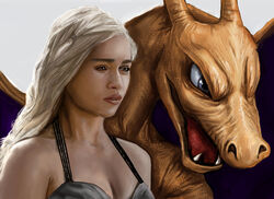  absurd_res ambiguous_gender bald blue_eyes breasts charizard clothing crossover daenerys_targaryen dragon duo european_mythology female game_of_thrones generation_1_pokemon hair heroforpain hi_res human long_hair mammal mythological_creature mythological_scalie mythology nintendo open_mouth pokemon pokemon_(species) scalie sharp_teeth simple_background tan_nose teeth tongue western_dragon white_background white_hair wings 