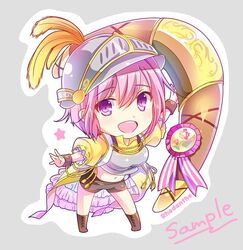  :d aiguillette armor bad_id bad_twitter_id black_shorts boomerang boots brown_footwear character_name chibi feathers female flower_knight_girl full_body grey_background helmet huge_weapon knee_boots looking_at_viewer medal navel open_mouth pink_eyes pink_hair rhodanthe_(flower_knight_girl) sample_watermark satou_satoru shirt short_hair shorts simple_background smile solo watermark weapon yellow_shirt 