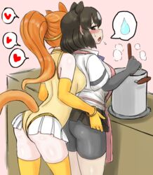  2girls animal_ears bad_id bad_pixiv_id bear_ears bike_shorts blush bot_(komagomekko) brown_bear_(kemono_friends) cooking elbow_gloves ga016054 gloves golden_snub-nosed_monkey_(kemono_friends) heart kemono_friends long_hair monkey_ears multicolored_hair multiple_girls open_mouth short_hair skirt spoken_heart spoken_sweatdrop sweatdrop tail yuri 