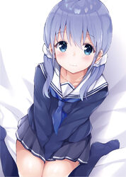  :3 bed_sheet between_legs blue_eyes blue_hair blue_neckerchief blue_shirt blue_skirt blue_socks blush closed_mouth collarbone commentary_request female from_above hair_between_eyes hand_between_legs kneehighs long_hair looking_at_viewer looking_up maccha neckerchief nijisanji no_shoes sailor_collar school_uniform serafuku shirt sitting skirt socks solo virtual_youtuber water white_sailor_collar yuuki_chihiro yuuki_chihiro_(2nd_costume) 