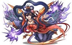  black_hair claws dress female hair_rings izanami_(p&amp;d) long_hair looking_at_viewer magatama neckerchief official_art open_clothes open_shirt outstretched_arms payot purple_dress purple_eyes puzzle_&amp;_dragons shaded_face shirt sidelocks simple_background smile snake solo youichi 