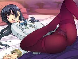  ass bed black_hair breasts collared_shirt female highres large_breasts legs legs_up long_hair long_sleeves looking_at_viewer lying mound_of_venus no_shoes on_back on_bed original panties panties_under_pantyhose pantyhose parted_lips pillow pink_eyes school_uniform shiny shiny_hair solo thighs underwear yoko_jyusuke 