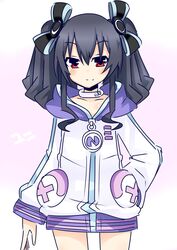  absurdres bad_id bad_pixiv_id black_hair character_name choker cosplay female hair_ornament hair_ribbon highres hood hooded_track_jacket jacket kisaragi_(kisaragi0930) looking_at_viewer neptune_(neptunia) neptune_(neptunia)_(cosplay) neptune_(series) red_eyes ribbon solo track_jacket two_side_up uni_(neptunia) 