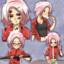  bespectacled blood blood_on_face blush chopsticks commentary_request cuts dango eating female fighting_stance food food_in_mouth glasses hair_ornament hairclip hand_on_hilt hina_(yatagarasu) holding holding_chopsticks injury jacket katana left-handed moriya_(pixiv599372) noodles nosebleed pink_eyes pink_hair sheath sheathed short_hair skewer solo sword track_jacket udon wagashi weapon yatagarasu_(game) 