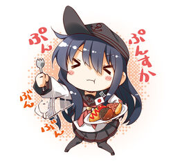  &gt;_&lt; :t akatsuki_(kancolle) akatsuki_kai_ni_(kancolle) anchor_symbol black_hair black_pantyhose black_skirt chibi closed_eyes commentary_request female flailing flat_cap food fork hat kantai_collection long_hair long_sleeves neckerchief okosama_lunch pantyhose pleated_skirt skirt solo yume_no_owari 