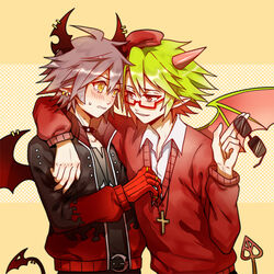  2boys blush brown_hair choker commentary_request cross cross_necklace demon_wings ear_piercing emalf_(funamusea) funamusea genderswap_(ftm) glasses green_hair haiiro_teien hat horn_piercing horns jacket jewelry leather leather_jacket majiang male_focus multiple_boys necklace orange_eyes photoshop_(medium) piercing rule_63 semi-rimless_eyewear sunglasses sweater unworn_eyewear wing_piercing wings yaoi yosafire_(funamusea) 