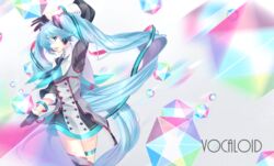  arm_up blue_eyes blue_hair commentary copyright_name dress female gloves hatsune_miku headphones highres long_hair magical_mirai_(vocaloid) magical_mirai_miku magical_mirai_miku_(2015) mokona1107 open_mouth solo thigh_strap thighhighs twintails very_long_hair vocaloid 