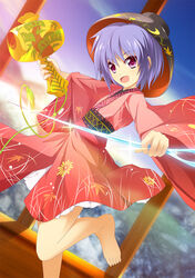  bare_legs barefoot bowl cloud commentary_request crescent dutch_angle female floral_print holding holding_needle japanese_clothes kimono leaf leg_up light_purple_hair long_sleeves looking_at_viewer mallet maple_leaf mini_person minigirl miracle_mallet needle obi open_mouth petticoat photoshop_(medium) pink_kimono red_eyes sash short_hair short_kimono solo sukuna_shinmyoumaru touhou twilight wide_sleeves window zb_(dawn-blue) 