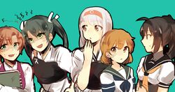  5girls akigumo_(kancolle) akizuki_(kancolle) bad_id bad_pixiv_id bandaid bandaid_on_face black_hair brown_eyes brown_hair green_eyes hairband japanese_clothes kantai_collection long_hair multiple_girls muneate oboro_(kancolle) pomuta_(tama922) ponytail short_hair shoukaku_(kancolle) sketchbook twintails uniform white_hair zuikaku_(kancolle) 