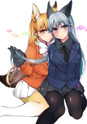  2girls animal_ears black_bow black_bowtie black_gloves black_necktie black_pantyhose black_skirt blonde_hair blue_jacket blush bow bowtie commentary_request ezo_red_fox_(kemono_friends) fox_ears fox_tail fur_trim gloves gradient_legwear grey_hair hair_between_eyes hand_in_another&#039;s_hair highres holding holding_another&#039;s_hair jacket kemono_friends long_hair long_sleeves looking_at_viewer multicolored_clothes multicolored_hair multicolored_legwear multiple_girls necktie open_mouth orange_jacket pantyhose pleated_skirt red_eyes sacha silver_fox_(kemono_friends) simple_background sitting skirt tail very_long_hair white_background white_bow white_bowtie white_skirt yellow_eyes 