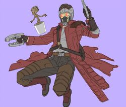  1boy bad_id bad_pixiv_id groot guardians_of_the_galaxy gun jacket long_coat marvel marvel_cinematic_universe mask peter_quill plant potted_plant red_jacket weapon yukko93 