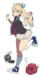  :q accio bad_id bad_pixiv_id bag blue_eyes bracelet butterfly_hair_ornament commentary_request female full_body hair_ornament holding holding_poke_ball jewelry joltik kneehighs leg_up light_brown_hair long_hair necktie poke_ball poke_ball_(basic) pokemon pokemon_(creature) scatterbug school_uniform shoes shoulder_bag side_ponytail simple_background skirt sleeves_pushed_up sneakers socks standing standing_on_one_leg striped striped_necktie tongue tongue_out venipede vest white_background white_legwear 