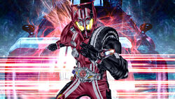  1boy armor belt car commentary_request full_armor highres kamen_rider kamen_rider_drive kamen_rider_drive_(series) kamen_rider_drive_(type_tridoron) kuzurx looking_at_viewer male_focus mask motor_vehicle shift_car solo tire tokusatsu tridoron type_tridoron 