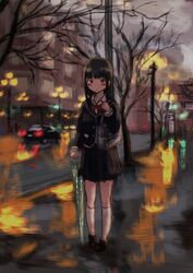  after_rain bad_id bad_pixiv_id bag bare_tree black_eyes black_hair black_skirt blazer blunt_bangs blurry blurry_background blush car city closed_umbrella female full_body jacket kneehighs lamppost long_hair looking_at_viewer maka_neko motor_vehicle original outdoors pigeon-toed pleated_skirt reflection road school_bag school_uniform serafuku skirt socks solo standing street tree umbrella white_socks 