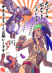  2girls ainu_clothes bird bow bracelet breasts brown_hair commentary_request dark-skinned_female dark_skin earrings fingerless_gloves gloves hawk headband highres hoop_earrings jewelry king_of_dinosaurs large_breasts long_hair makeinu mamahaha multiple_girls nail_polish nakoruru painttool_sai_(medium) ponytail ribbon samurai_spirits the_king_of_fighters the_king_of_fighters_xiv translation_request zarina 