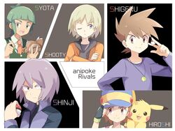  :3 adjusting_headwear bangs black_eyes black_shirt blonde_hair blue_hat blue_shirt blunt_bangs blush_stickers book border brown_eyes brown_hair character_name closed_mouth collarbone creatures_(company) crossed_arms english_text eyebrows_visible_through_hair fingerless_gloves game_freak gen_1_pokemon gloves green_eyes green_gloves green_shirt green_vest grey_eyes hair_between_eyes half-closed_eyes hand_up hands_up happy hat hiroshi_(pokemon) holding holding_poke_ball hood hoodie jacket jewelry jpeg_artifacts leon_(pokemon) long_sleeves looking_to_the_side male_focus matching_hair/eyes mei_(maysroom) multiple_boys necklace necktie nintendo one_eye_closed open_book open_mouth orange_sweater pen pikachu poke_ball poke_ball_(generic) poke_ball_symbol poke_ball_theme pokemon pokemon_(anime) pokemon_(classic_anime) pokemon_(creature) pokemon_bw_(anime) pokemon_dp_(anime) pokemon_m20 pokemon_on_shoulder purple_hair purple_jacket red_neckwear romaji shinji_(pokemon) shirt shooty_(pokemon) short_hair smile souji_(pokemon) sweater teeth text_focus upper_body vest w white_border 