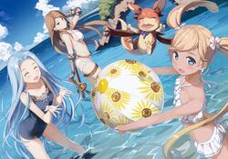  3girls :d ^_^ arm_up ass bad_id bad_pixiv_id ball beachball belt bikini bikini_skirt blonde_hair blue_eyes blue_one-piece_swimsuit breasts brown_eyes closed_eyes commentary_request creature day derivative_work earrings flower gauntlets granblue_fantasy grancypher_(granblue_fantasy) hair_flower hair_ornament highres io_(granblue_fantasy) io_(summer)_(granblue_fantasy) jewelry kantoku_(style) katalina_(granblue_fantasy) kiriko_(araragikoyomi) light_brown_hair long_hair looking_at_viewer lyria_(granblue_fantasy) medium_breasts multiple_girls official_alternate_costume one-piece_swimsuit open_mouth outdoors small_breasts smile strap_gap swimsuit sword tareme thigh_strap very_long_hair vyrn_(granblue_fantasy) wading weapon white_bikini 