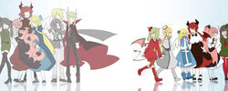  3boys 6+girls angel angel_wings black_dress blonde_hair boots cape capelet chelan_(funamusea) ciel_(funamusea) coat commentary_request cranber_(funamusea) cross cross_necklace demon demon_boy demon_girl demon_wings dialo_(funamusea) dice_hair_ornament dress dual_persona formal froze_(funamusea) funamusea glasses green_hair haiiro_teien hair_ornament hair_over_one_eye halftone hat high_collar highres holding_hands horns jewelry lost_(funamusea) macarona_(funamusea) maou_skun mary_janes military military_uniform multiple_boys multiple_girls necklace necktie pantyhose pink_hair puffy_sleeves rawberry_preserves rigatona_(funamusea) scarf semi-rimless_eyewear sherbet_(funamusea) shoes short_hair short_hair_with_long_locks suit tail thighhighs time_paradox twintails uniform white_legwear wings yosafire_(funamusea) yosaflame_(funamusea) 