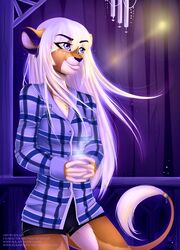  absurd_res chimes clothed clothing container cup felid female hair hi_res lion mammal outside pantherine purple_eyes solapi_(artist) solo white_hair 