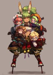  2boys 3girls animal_ears blonde_hair blue_eyes book boots carrying commentary_request ezroseven flower geta gloves green_eyes green_hair hat herbalist_(sekaiju) herbalist_1_(sekaiju) herbalist_2_(sekaiju) herbalist_3_(sekaiju) herbalist_4_(sekaiju) long_hair masurao_(sekaiju) masurao_2_(sekaiju) midriff multiple_boys multiple_girls navel open_mouth pink_hair pointy_ears rabbit_ears sekaiju_no_meikyuu sekaiju_no_meikyuu_5 short_hair smile tengu-geta twintails yellow_eyes 