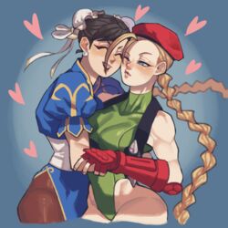  2girls beret black_hair blonde_hair blue_eyes bracer braid cammy_white china_dress chinese_clothes chun-li closed_eyes commentary_request double_bun dress earrings fingerless_gloves gloves green_leotard hair_bun hat heart hug jewelry leotard lips long_hair multiple_girls muscular muscular_female nappooz one_eye_closed pantyhose red_gloves sash smile street_fighter twin_braids upper_body yuri 