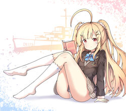  absurdres ahoge arm_support ass azur_lane black_choker black_jacket blazer blonde_hair blue_bow blue_bowtie blush book bow bowtie brown_skirt choker collared_shirt commentary eldridge_(azur_lane) eldridge_(the_inquisitive_recluse)_(azur_lane) facial_mark female hair_ornament hairclip highres holding holding_book jacket kneehighs long_hair long_sleeves looking_at_viewer no_shoes official_alternate_costume open_book panties red_eyes shirt sitting skirt sob_(submar1089) socks solo striped_bow striped_bowtie striped_clothes two_side_up underwear very_long_hair white_panties white_shirt white_socks 