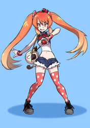  black_footwear commentary english_commentary female grin highres kjech meowth navel orange_eyes orange_hair osana_najimi_(yandere_simulator) poke_ball poke_ball_hair_ornament poke_ball_theme pokemon pokemon_(creature) pokemon_(game) shoelaces shoes smile yandere_simulator 