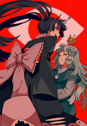  2girls blue_hair closed_eyes commentary_request crown fish fish_bone fish_hair_ornament funamusea hair_ornament japanese_clothes jiiya_(funamusea) kimono long_hair majiang mikotsuhime_(funamusea) multiple_girls oounabara_to_wadanohara photoshop_(medium) red_eyes smile tears twintails uomihime_(funamusea) 