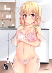  blurry blurry_background bow bow_bra bow_panties bra braid breast_hold breasts circle_name cleavage collarbone commentary_request cowboy_shot crotch_seam depth_of_field female flying_sweatdrops food frilled_bra frills groin hair_ornament hand_on_own_chest hinako_note holding indoors long_hair looking_at_viewer low_twintails medium_breasts navel onigiri panties parted_lips pikacchi pink_bra pink_panties purple_eyes sakuragi_hinako side-tie_panties solo thigh_gap twintails underwear underwear_only washing wet yumehiko 