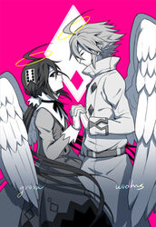  1boy aged_down ahoge alela_grora_(funamusea) angel angel_wings black_hair bow bowtie collared_shirt commentary_request dress female funamusea gloves grey_hair haiiro_teien halo holding_hands interlocked_fingers long_coat long_hair majiang pale_skin photoshop_(medium) shirt short_hair twintails white_wings wings wodahs_(funamusea) 