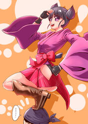  ... 1boy ass bandana black_hair boots breasts brown_footwear commentary_request female fingerless_gloves gloves heart heart-shaped_pupils highres hip_vent japanese_clothes kazama_kotaro_(yatagarasu) kimono knee_boots leotard out_of_frame photoshop_(medium) purple_eyes salute short_kimono short_twintails sidelocks skirt small_breasts solo_focus standing_on_another&#039;s_head standing_on_person symbol-shaped_pupils tsunetsugu_jyuzumaru twintails urujika wide_sleeves yatagarasu_(game) 