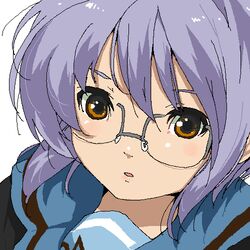  blue_sailor_collar brown_cardigan brown_eyes cardigan chiisan commentary female glasses jaggy_lines kita_high_school_uniform lowres nagato_yuki oekaki purple_hair sailor_collar school_uniform serafuku short_hair solo suzumiya_haruhi_no_yuuutsu winter_uniform 