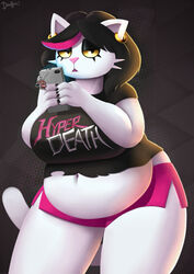  2018 4_fingers anthro belly belly_overhang big_belly big_breasts black_hair bottomwear breasts catti_(deltarune) cellphone clothed clothing curvy_figure deep_navel deltarune digital_media_(artwork) domestic_cat don_ko ear_piercing electronics english_text eyeshadow felid feline felis female fingers gaster hair hi_res holding_object holding_phone looking_at_viewer makeup mammal mew_mew_(undertale) mew_mew_kissy_cutie midriff navel overweight overweight_anthro overweight_female phone piercing pink_nose shorts solo text thick_thighs undertale undertale_(series) voluptuous wide_hips yellow_sclera 