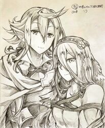  1boy azura_(fire_emblem) cape commentary_request corrin_(fire_emblem) corrin_(male)_(fire_emblem) female fire_emblem fire_emblem_fates graphite_(medium) long_hair looking_at_viewer pointy_ears shiratsu_(white-seaside) smile traditional_media 