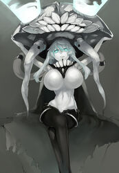  absurdres abyssal_ship aqua_eyes arms_up breasts commentary_request female glowing highres huge_breasts kantai_collection long_hair monster muneneko navel pale_skin torn_clothes white_hair wo-class_aircraft_carrier 