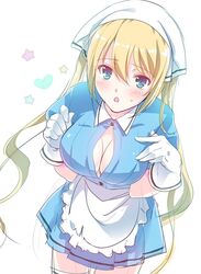  :o apron bad_id bad_twitter_id blend_s blonde_hair blue_eyes blue_shirt bonnet breasts cleavage cowboy_shot female gloves heart hinata_kaho large_breasts long_hair looking_at_viewer open_mouth satou_satoru shirt simple_background solo star_(symbol) stile_uniform twintails waitress white_apron white_background white_gloves 